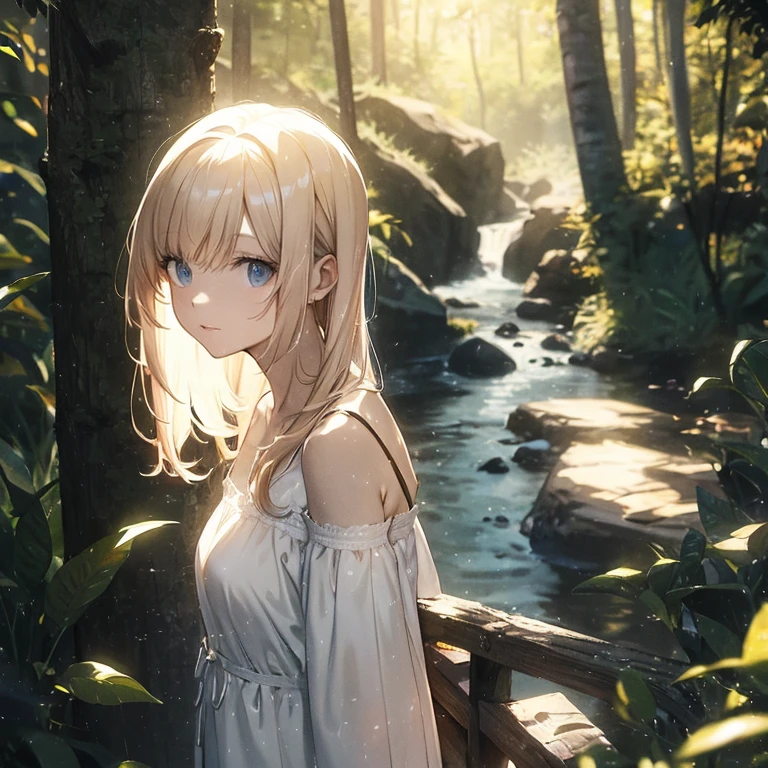(8k), (masterpiece), (best quality), (super details), (award winning), (game illustration), (greeting face), lens flare, glowing light, woman in a pink dress standing in the woods with waterfall, modeling shoot, beautiful girl, (beautiful face:0.8), slender blonde girl, pale skin curly blond hair, (off shoulder), (small breast)