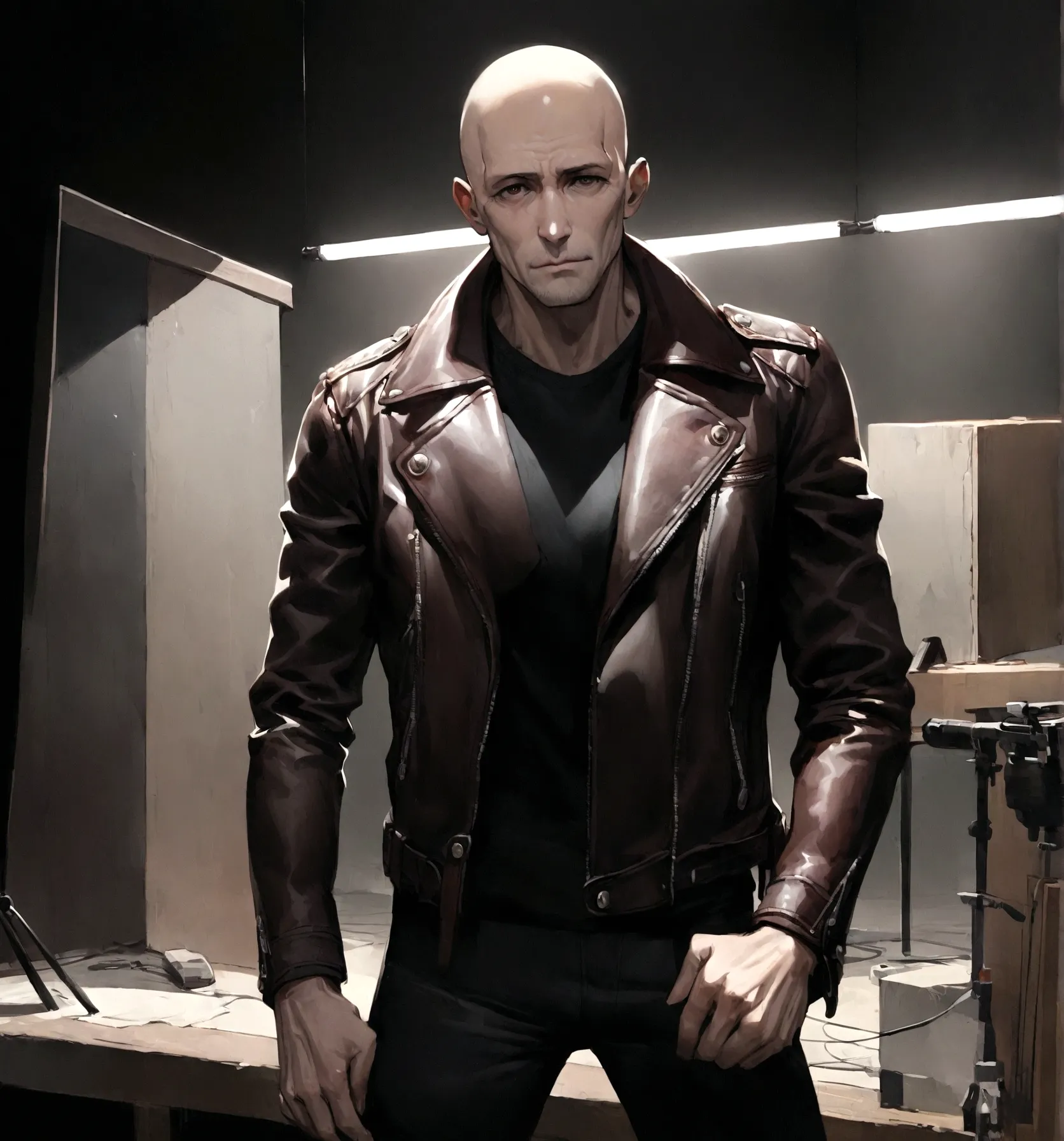 a skinny handsome 40 year-old man, wearing a leather jacket, bald, a black beanie. dark red background, studio, looking at camer...