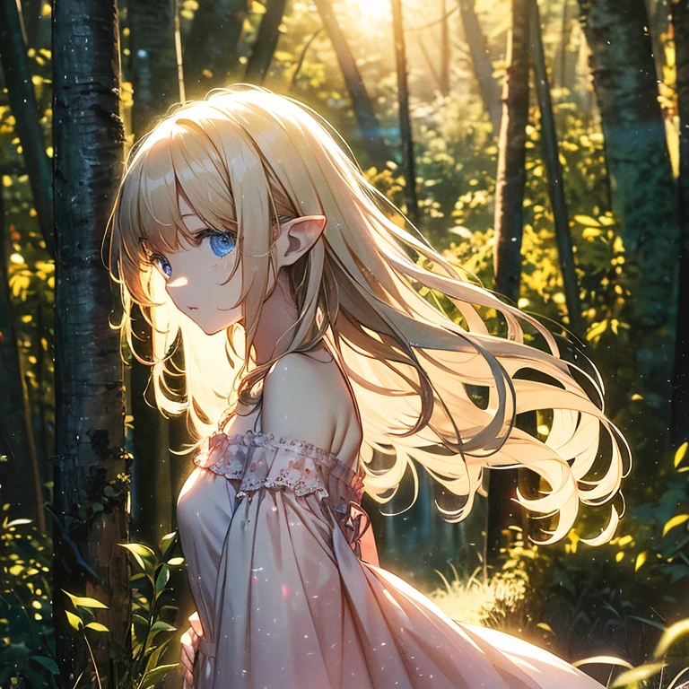 (8k), (masterpiece), (best quality), (super details), (award winning), (game illustration), (greeting face), lens flare, glowing light, woman in a pink dress standing in the woods with lake, modeling shoot, beautiful girl, elf girl, (beautiful face:0.8), slender blonde girl, pale skin curly blond hair, (off shoulder), (small breast)
