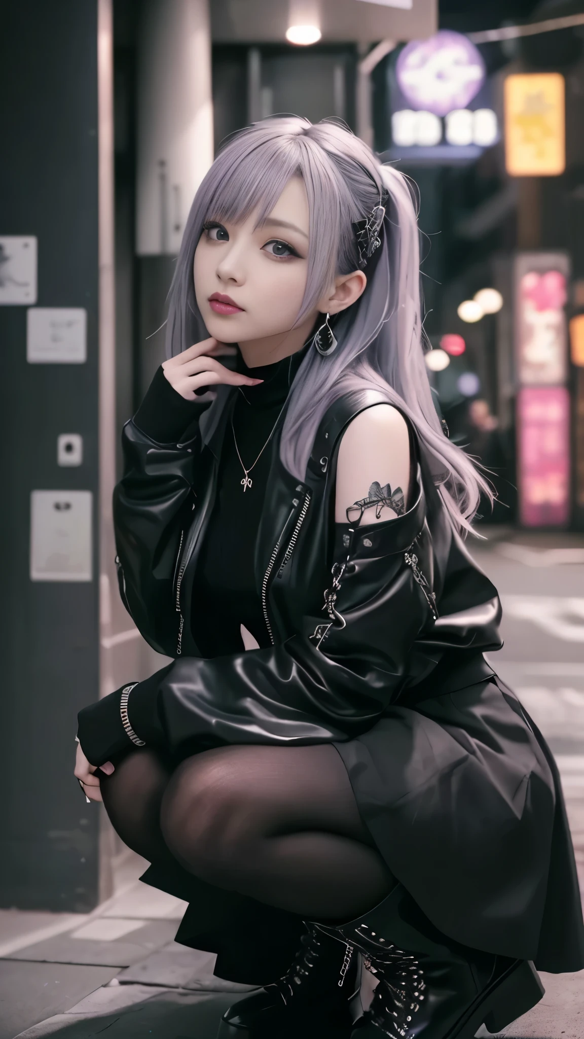 highest quality,High resolution、High resolution、Degrees of Freedom:1.5、( masterpiece),Gray Hair、Purple mesh hair、gothic punk costume、look up, Upper Body,Fair skin,(Realism:1.5、Realistic、Photorealistic、Raw photo)、black、Expressionless、cool、wonderful、beautiful、necklace、Crossbody shoulder bag、Earrings、amount、Goth icskirt、Goth_punk, One Woman、alone, ((Midnight:1.3、Late Night、Neon Town)), Looking at the audience,Leather jacket、Leather clothing、((Long sleeve:1.2)), Portraiture, Side Lock、Realistic textured face and body、Super big boobs:1.3、Narrow waist、Knee-high boots、超A high resolution 、SLR、Portrait、Dynamic Action、Dynamic Angle、Dynamic Pose、Anatomically correct、Beautiful girl、creative、Neo Goth、Gothic Fashion：1.2、Fine skin、(Cinematic lighting)、((black mask))