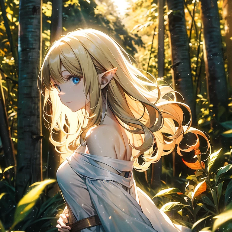(8k), (masterpiece), (best quality), (super details), (award winning), (game illustration), (greeting face), lens flare, glowing light, woman in a elf costume standing in the woods with lake, modeling shoot, beautiful girl, elf girl, (beautiful face:0.8), slender blonde girl, pale skin curly blond hair, (off shoulder), (small breast)