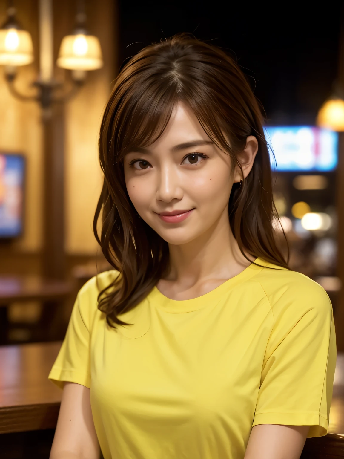 Tabletop, highest quality, Realistic, Very detailed, Fine details, High resolution, 8k wallpaper, 1. Beautiful woman, Wear a brightly colored casual t-shirt, Large Bust, In a great pub, ((View your viewers)), At night, Light brown messy hair, Perfect dynamic composition, Beautiful details