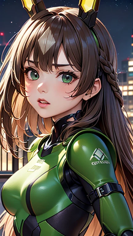 A girl is posing for a photo,pretty girl,Enchanting girl,Anime Girls,
(((One Girl,Baby Face,16 years old))),

Satono Diamond、(((Dark green cyber suit:1.4),(Dark green large headgear:1.4),Green headband)), ((cyborg、Robot Girl:1.4、rifle))、
(Hair blowing in the wind、Very long hair),(Small breasts),
BREAK 

(Beautiful Hair,Shiny Hair),
(Expression of fine eyes,Beautiful and delicate eyes,Sparkling eyes,Eye Reflexes),
(double eyelid,Long eyelashes),
(Beautiful Nose,Thin Nose),
(Glossy lips,Beautiful Lips,Thick lips),
(Symmetrical facial features,Perfect Face),(((Detailed skin,Oily skin,Textured skin,Beautiful Skin))),
break 

(Serious expression、Glaring),
 ((night、SF World、Ruined City:1.4, ruins:1.4)),((Fighting Pose:1.4、front view、Upper Body Shot:1.4)),
break 

(((highest quality)),((masterpiece)),((Very detailed))),((High resolution),(8k),(16k,1080p),(Anime 2D Rendering)),(Anatomically correct),
((Realistic)), (The best CG),Highly detailed art,CG illustration,
