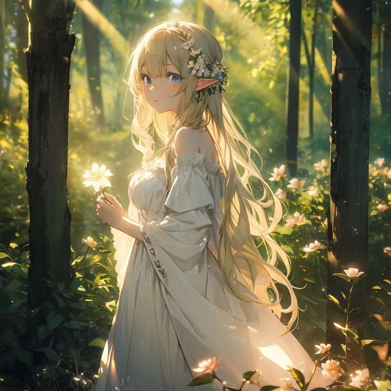 (8k), (masterpiece), (best quality), (super details), (award winning), (game illustration), (greeting face), lens flare, glowing light, woman in a noble dress standing in the woods with flower, modeling shoot, beautiful girl, elf girl, (beautiful face:0.8), slender blonde girl, pale skin curly blond hair, (off shoulder), (small breast)