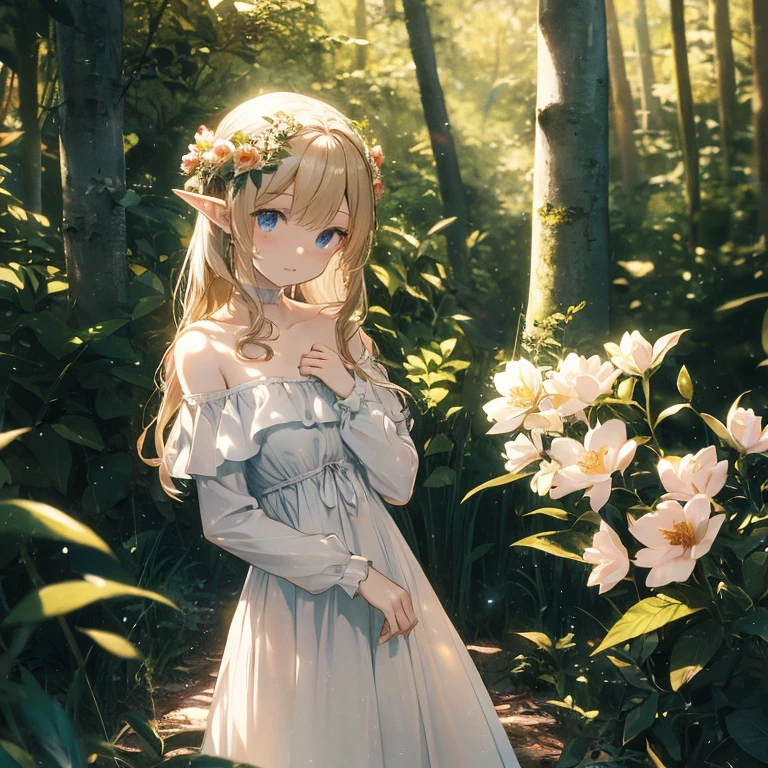 (8k), (Meisterwerk), (beste Qualität), (super Details), (preisgekrönt), (Spielillustration), (Grußgesicht), Linsenreflexion, leuchtendes Licht, Frau in einem edlen Kleid steht im Wald mit Blume, Model-Shooting, schönes Mädchen, Elfenmädchen, (schönes Gesicht:0.8), slender blonde girl, blasse Haut lockiges blondes Haar, (schulterfrei), (kleine Brust)