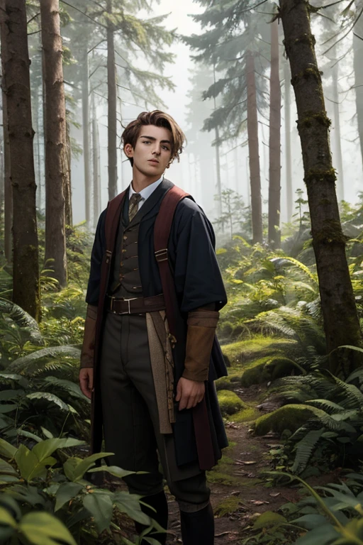 Adolescent avec barbe, brown hair tied back. He is in the forest and wears period clothes 
