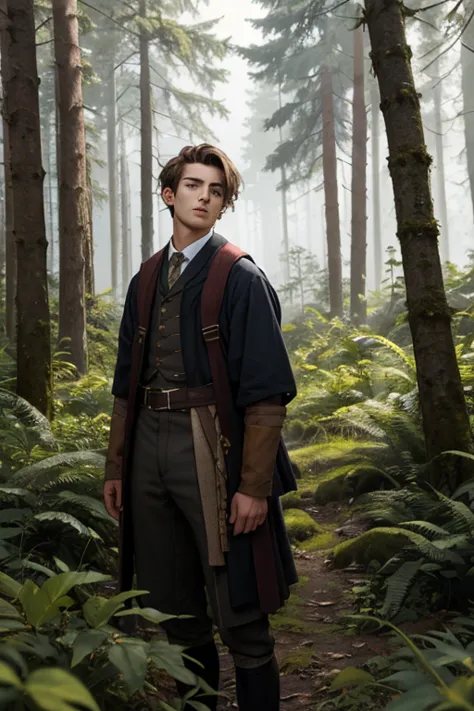 adolescent avec barbe, brown hair tied back. he is in the forest and wears period clothes