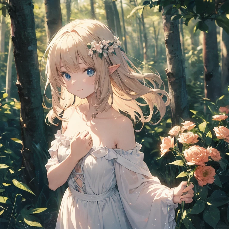 (8k), (masterpiece), (best quality), (super details), (award winning), (game illustration), (greeting face), lens flare, glowing light, woman in a noble dress standing in the woods with flower, modeling shoot, beautiful girl, elf girl, (beautiful face:0.8), slender girl, pale skin curly blond hair, (off shoulder), (small breast)