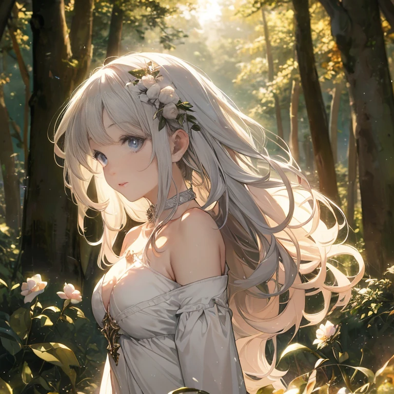 (8k), (masterpiece), (best quality), (super details), (award winning), (game illustration), (greeting face), lens flare, glowing light, silver hair, woman in a noble dress standing in the woods with flower, modeling shoot, beautiful girl, elf girl, (beautiful face:0.8), slender girl, pale skin curly blond hair, (off shoulder), (small breast)