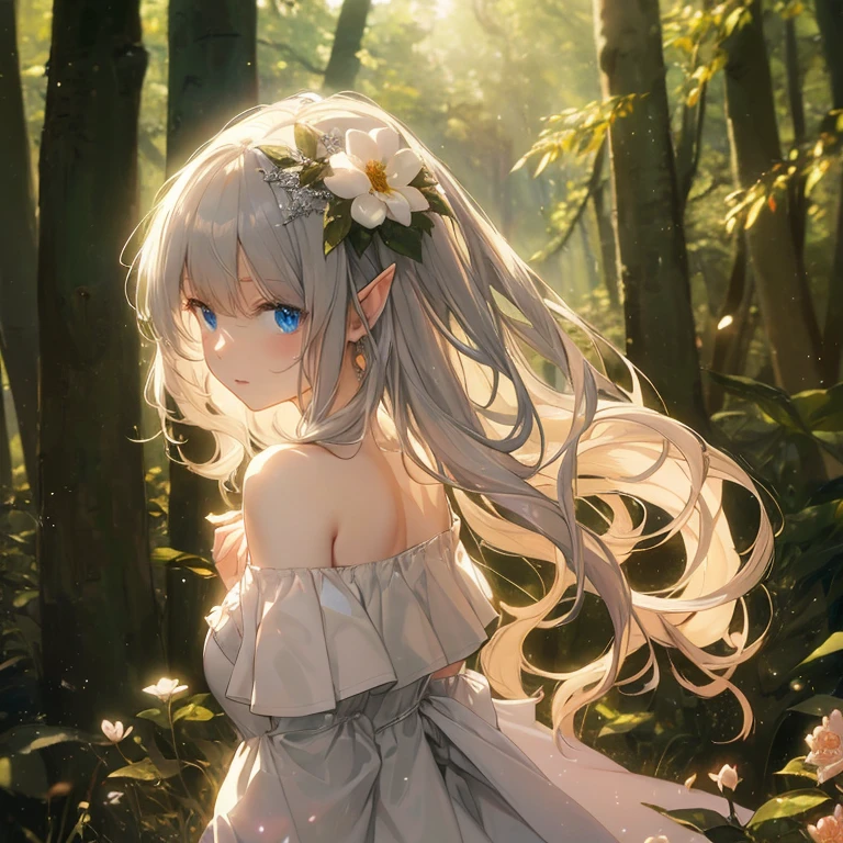 (8k), (masterpiece), (best quality), (super details), (award winning), (game illustration), (greeting face), lens flare, glowing light, silver hair, woman in a noble dress standing in the woods with flower, modeling shoot, beautiful girl, elf girl, (beautiful face:0.8), slender girl, pale skin curly blond hair, (off shoulder), (small breast)