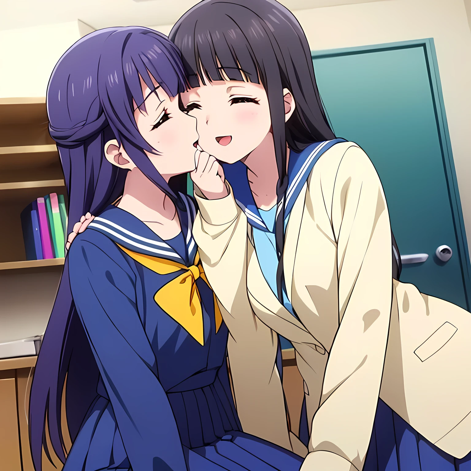 Imagem de anime de duas meninas se beijando em uma sala de aula - SeaArt AI