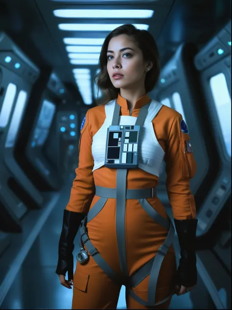 mulher bonita em traje de piloto rebelde,on a spacestation,corredor,olhando para tecnologia,Pensamento,Obra de arte,detalhes int...