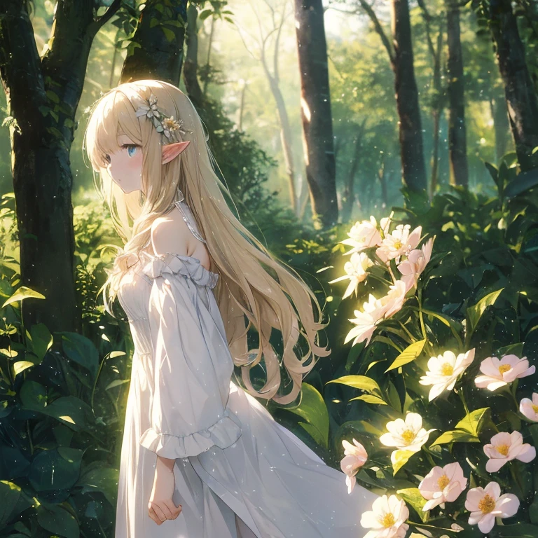 (8k), (masterpiece), (best quality), (super details), (award winning), (game illustration), (shy face), lens flare, glowing light, woman in a noble dress standing in the woods with flower, modeling shoot, beautiful girl, elf girl, (beautiful face:0.8), slender blonde girl, pale skin curly blond hair, (off shoulder), (small breast)