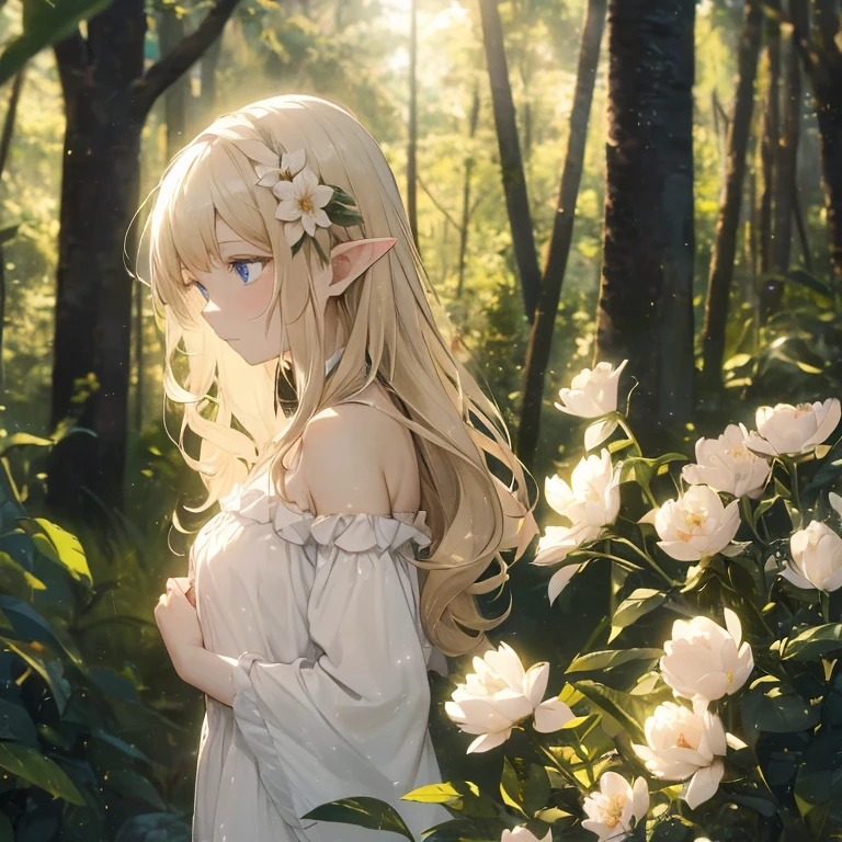 (8k), (masterpiece), (best quality), (super details), (award winning), (game illustration), (shy face), lens flare, glowing light, woman in a noble dress standing in the woods with flower, modeling shoot, beautiful girl, elf girl, (beautiful face:0.8), slender blonde girl, pale skin curly blond hair, (off shoulder), (small breast)