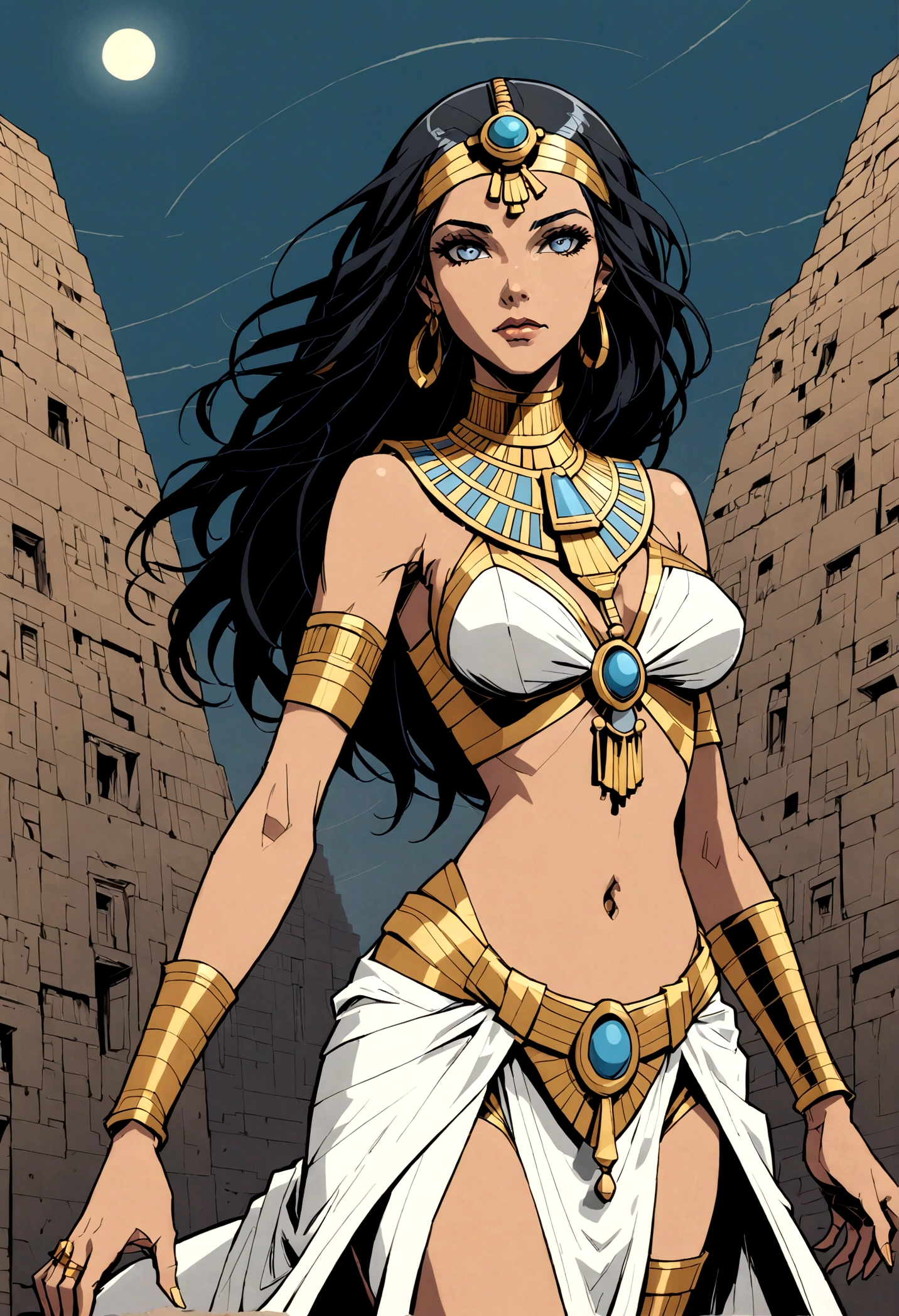 漫畫風格的圖像, 奇蹟. 一位埃及女性的全身透視 ((銀色和金色的衣服, 黑色長髮，有瀏海, 顏色鮮豔的淺藍色眼睛)) (埃及風格的頭上裝飾). 埃及風景, 黑暗, 陰天, 暗明暗對比, 緊張的氣氛