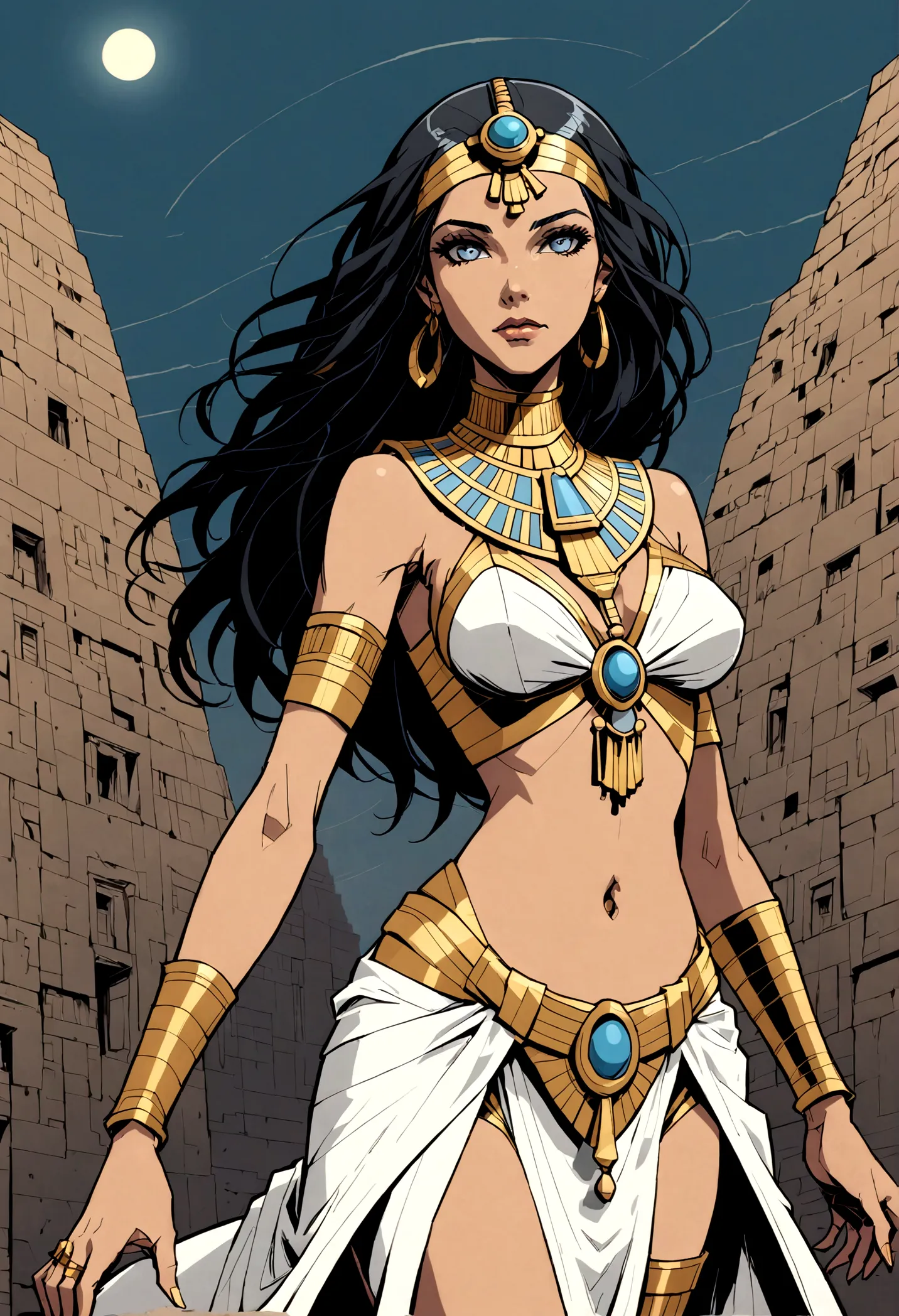 Comic book style image, marvel. Full-body perspective shot from one point of a female Egyptian woman ((silver and golden clothin...