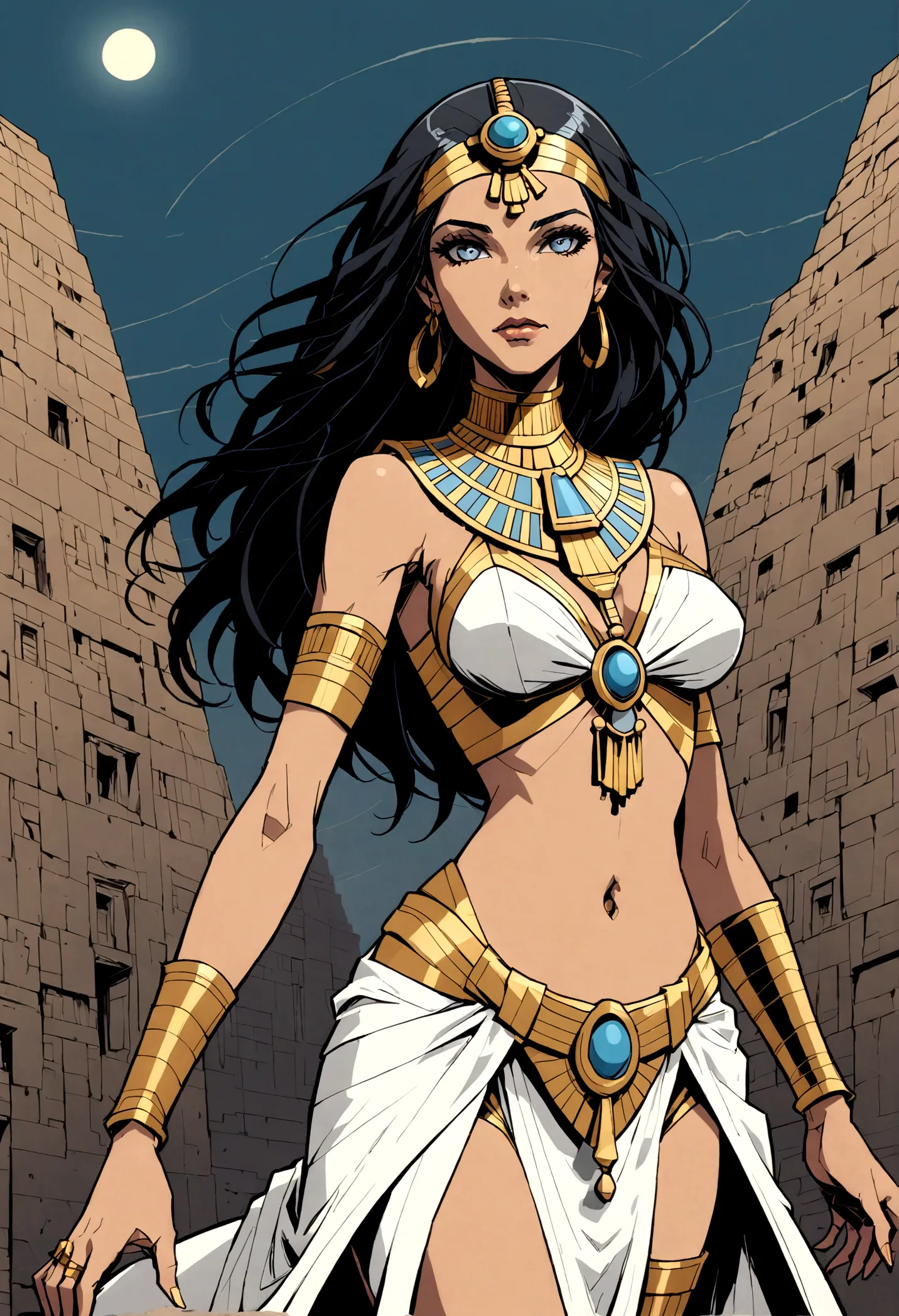 comic book style image, marvel. full-body perspective shot from one point of a female egyptian woman ((silver and golden clothin...