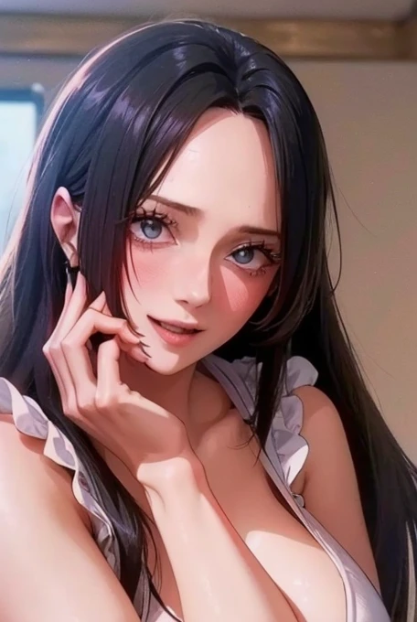 best quality, masterpiece, highly detailed,1girl, Boa Hancock, , (masterpiece:1.5), Detailed Photo, Smiling, Sexy, (8K, Best Quality: 1.4), (1girl), Beautiful Face, (anime realistic Face), (Black Hair, long Hair: 1.3), Beautiful Hairstyle, Realistic eyes, beautiful detail eyes, (white skin), beautiful skin, absurd, attractive, ultra high resolution, ultra realistic, high definition, golden ratio, (sexually aroused:1.5), Pinkish white skin, cool white light, sexy pose, Beautiful , white background, pink soft white light, Wear a black bodycon dress, (messy hair:1.5), (masturbate:1.5)