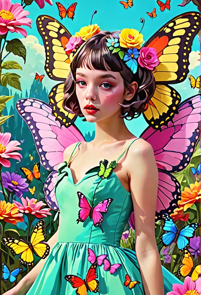 4k, highly detailed, Strange World, Vivid and Bold Colors, Pop Art, Unique, Deformed, Unbalanced, (Artistic Style:1.3), Cel Animation, Live Action Footage, Collage, Reality and Fiction, Surreal, Strange, 1girl, solo, short hair, hair ornament, dress, flower, wings, hair flower, fairy wings, fairy, butterfly wings, fairy focus