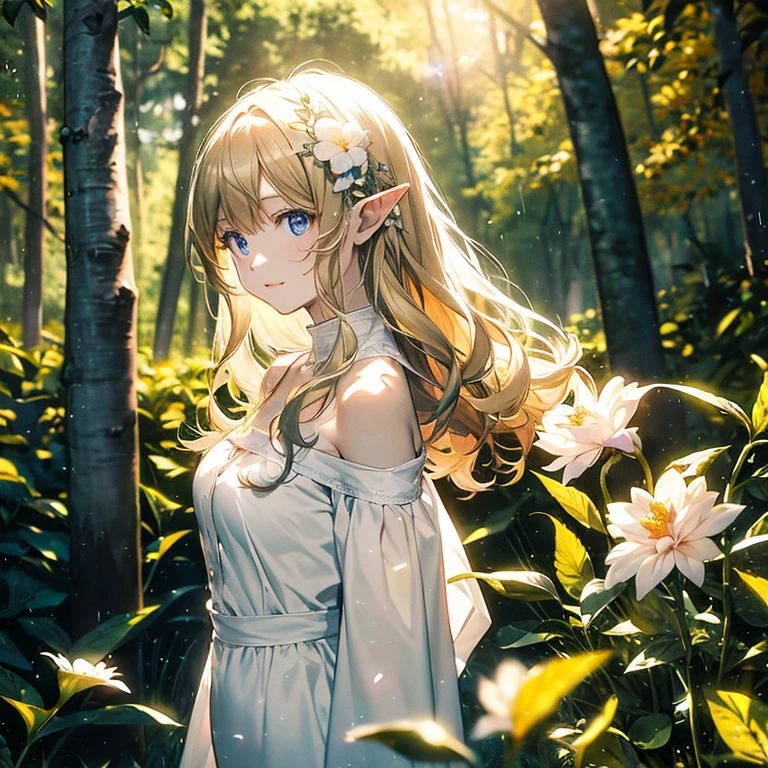 (8k), (masterpiece), (best quality), (super details), (award winning), (game illustration), (greeting face), lens flare, glowing light, woman in a noble dress standing in the woods with flower, modeling shoot, beautiful girl, elf girl, (beautiful face:0.8), slender blonde girl, pale skin curly blond hair, (off shoulder), (small breast), (light rain in background)