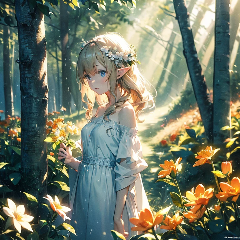 (8k), (masterpiece), (best quality), (super details), (award winning), (game illustration), (greeting face), lens flare, glowing light, woman in a noble dress standing in the woods with flower, modeling shoot, beautiful girl, elf girl, (beautiful face:0.8), slender blonde girl, pale skin curly blond hair, (off shoulder), (small breast), (light rain in background)