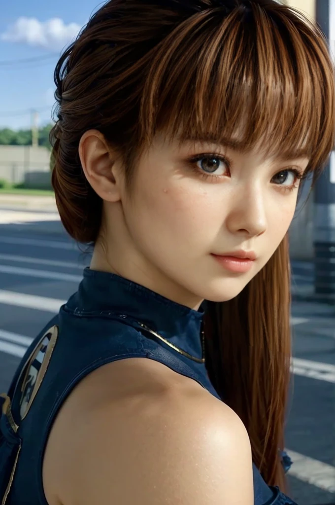 Kasumi, Ojos cafés, (mejor calidad, ultra detallado), (Realista:1.37), cara hermosa y detallada, ultra-Realista texture, cara delicada, cuerpo delicado, pintalabios rojo, Colores brillantes. alta definición, 8K, piernas bien definidas