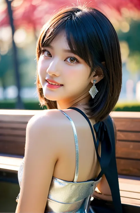 a girl is standing in a park at night against the backdrop of a clear sky。. park benches and soft light, backside photo, (side p...