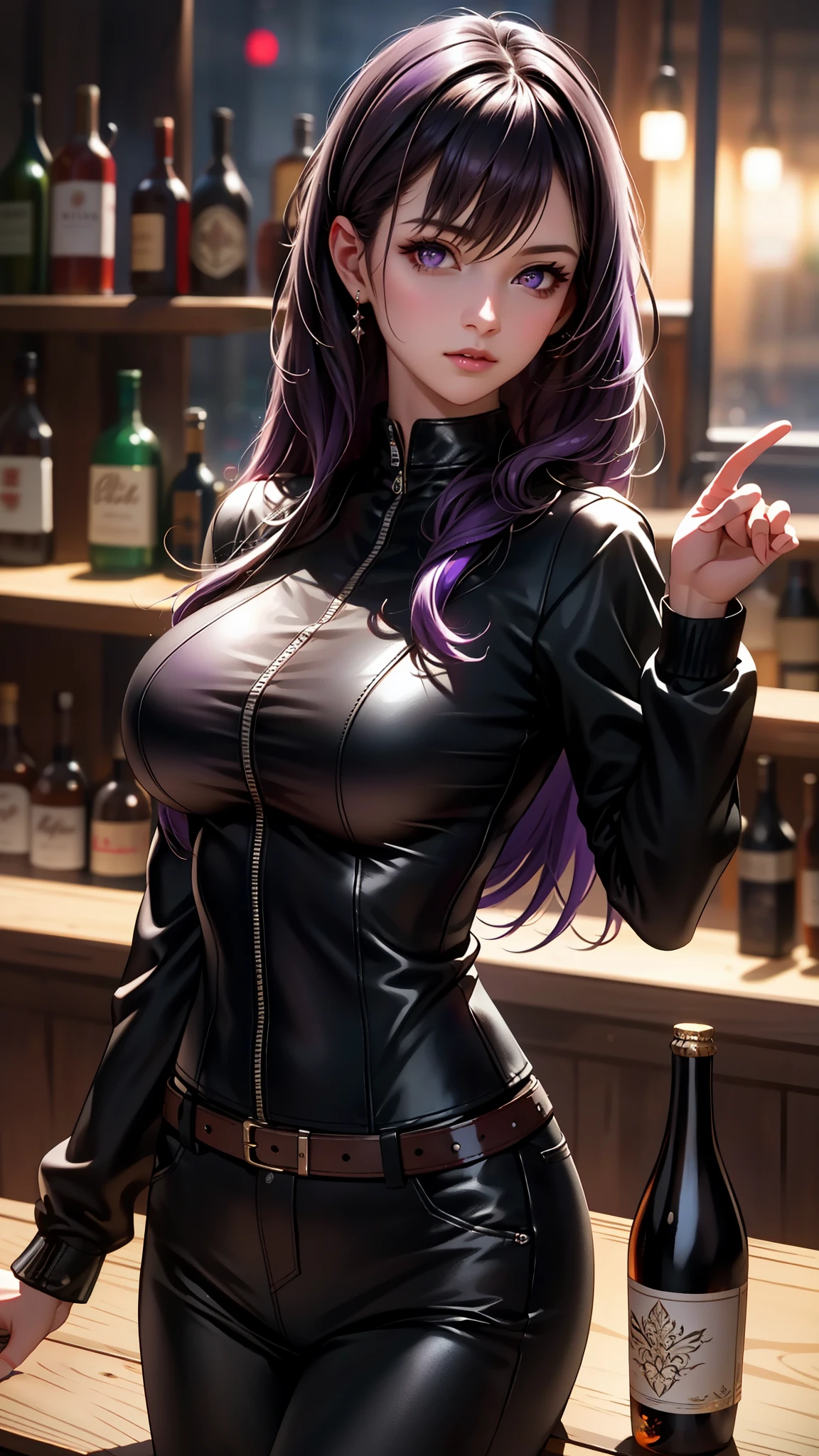 (best quality:1.1), (Masterpiece:1.2), High quality shadow, beautiful details, Beautiful face, Detailed eyes, depth of field, high resolution, best shadow, best light, 1 girl, see the audience, shiny purple hair, smooth, blunt, long hair, beautiful purple eyes, shy, Very big breasts, pump, Single strap shirt, black leather jacket, table, glass, liquor bottle, night time, rift,  eyes, pub bar background, sexy woman, cold, pov, Cool Woman