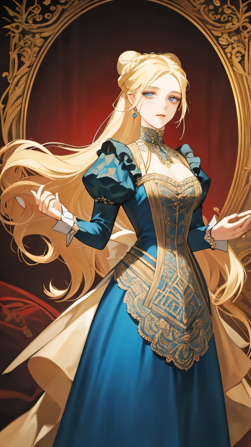 Beautiful aristocratic woman of victorian era, Europe in the 18th century, long blonde hair，Exquisite high bun braid hairstyle, curls, elegant ballroom dress, Standing in the luxurious banquet hall, Delicate and meticulous, 8K, Reality, Dramatic Lighting, high quality, Complex design, classical portrait