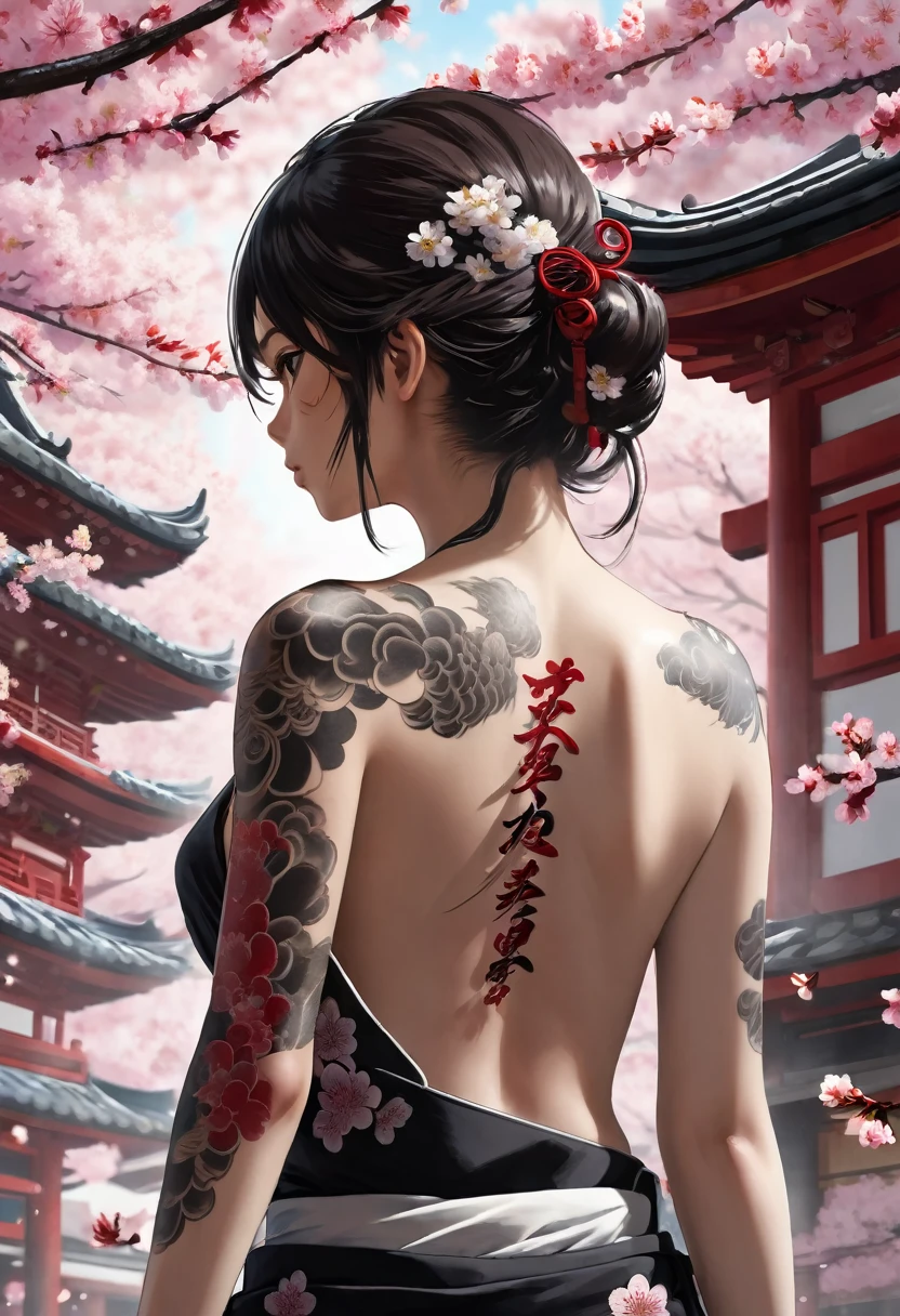 Action-Anime, filmisch, dramatisch, extrem detailliert, dynamische Rückansicht, HD 12K, ein junger Yakuza mit einem komplizierten schwarzen, weiß-rotes Maneki Neko Tattoo unter Kirschblütenblättern auf ihrem Rücken,