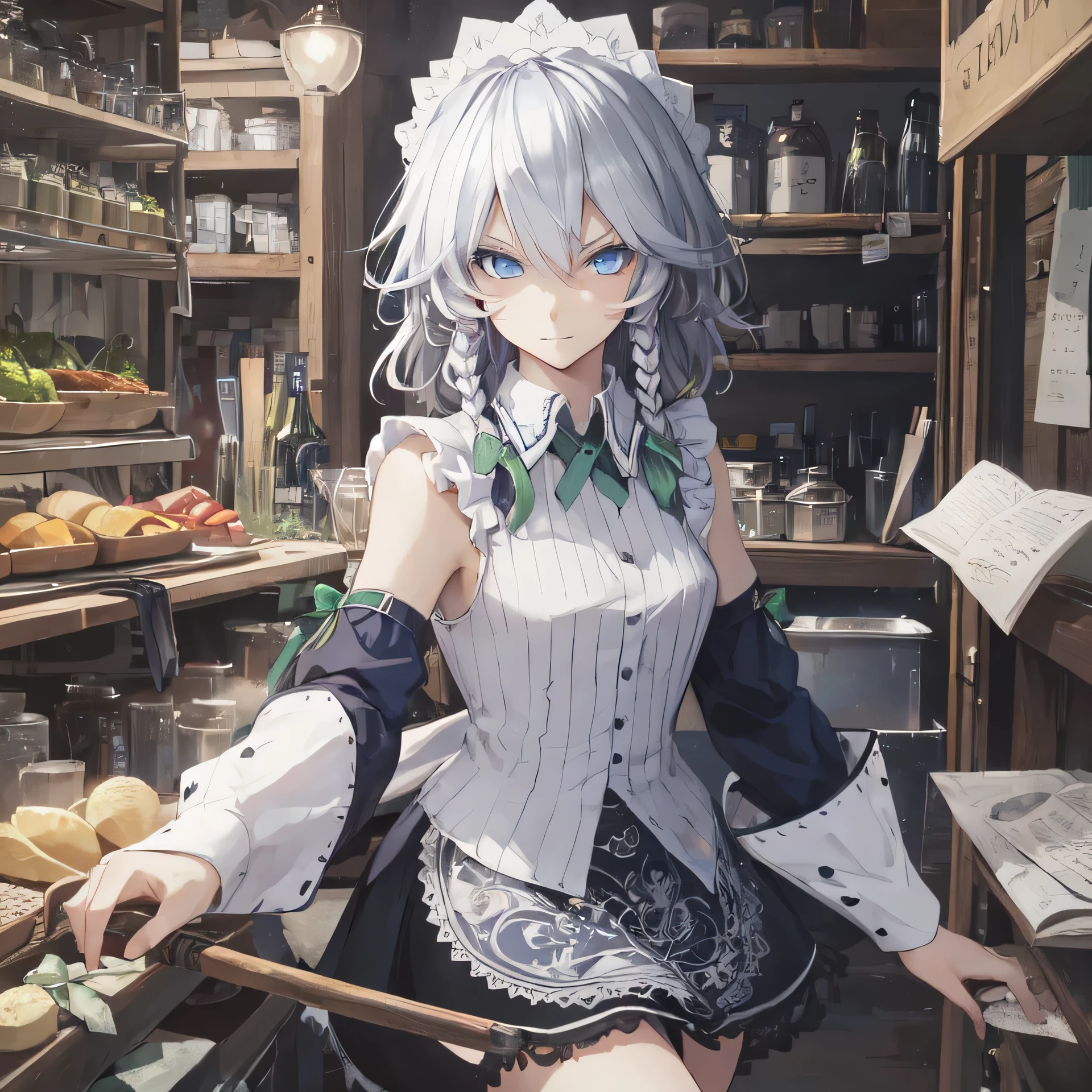 masterpiece, best quality,  1girl, solo, sakuya izayoi, silver hair, maid dress, white apron, very short skirt, sexy pose,, sleeveless outfit, detailed face, detailed eyes, fresh blue eyes, big green ribbons, blue outfit, small-to-medium breasts, white hair, bowtie girl, white maid headband