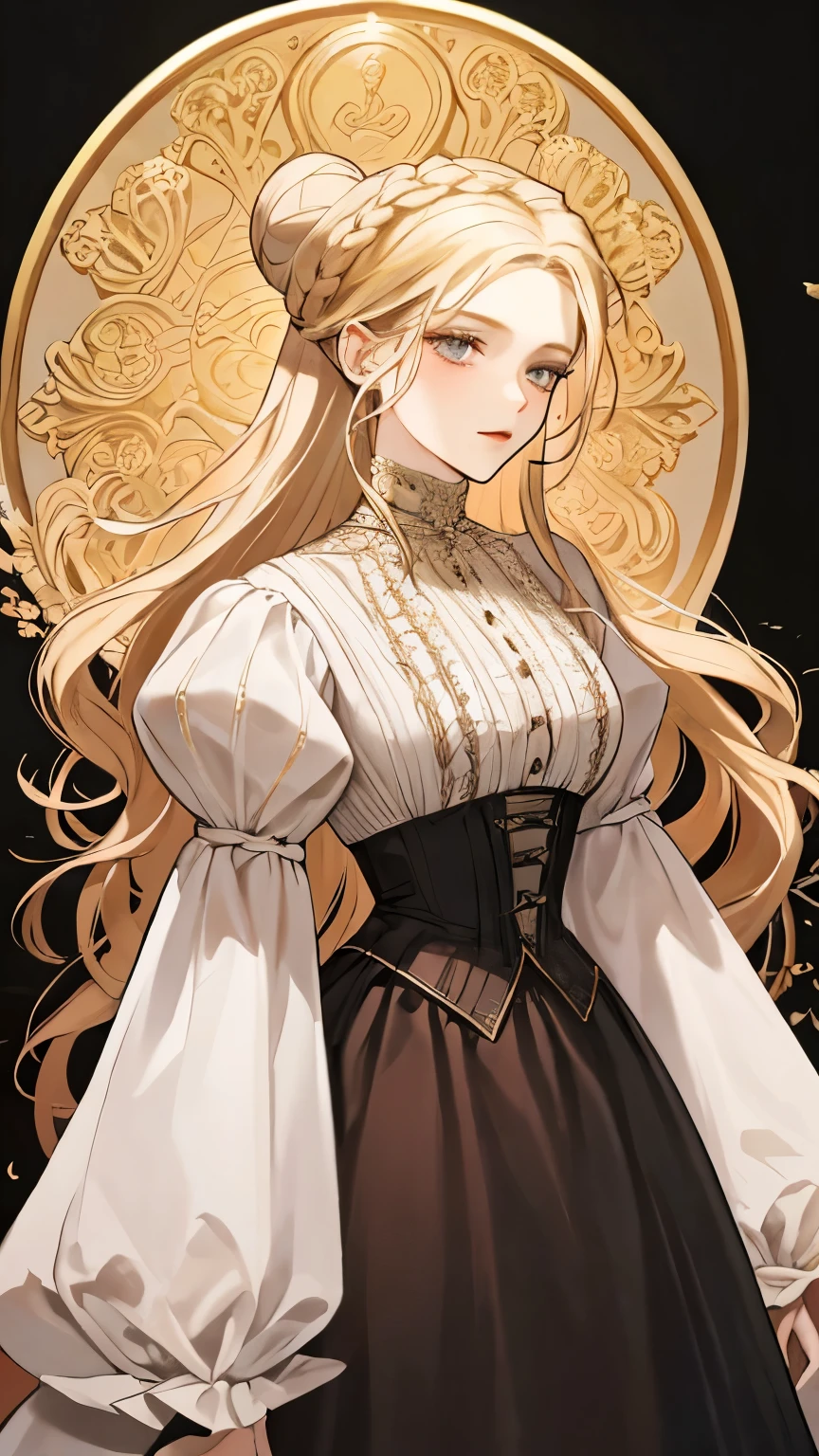 Beautiful aristocratic woman of victorian era, Europe in the 18th century, Long blond hair，Exquisite high bun braid hairstyle, curls, elegant ballroom dress, Standing in the luxurious banquet hall, Delicate and meticulous, 8K, Reality, Dramatic Lighting, high quality, Complex design, classical portrait