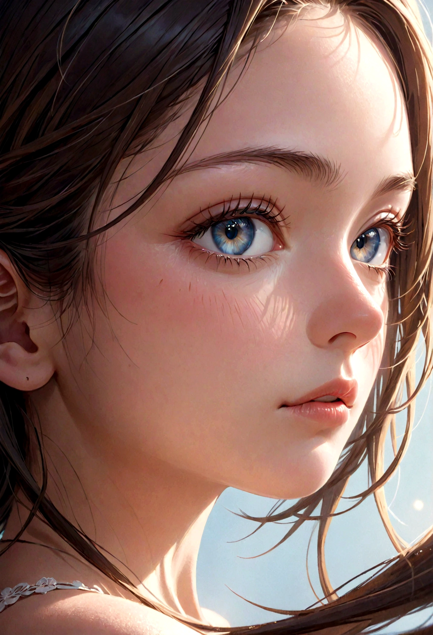 a detailed close-up portrait of a beautiful young woman, perfect skin, big beautiful eyes, long lashes, delicate nose, full lips, soft facial features, natural lighting, high resolution, 8k, hyper detailed, photorealistic, cinematic, dramatic lighting, warm color tones, glowing skin