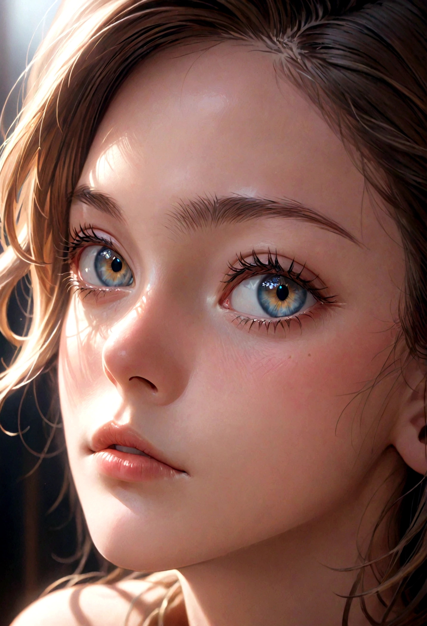 a detailed close-up portrait of a beautiful young woman, perfect skin, big beautiful eyes, long lashes, delicate nose, full lips, soft facial features, natural lighting, high resolution, 8k, hyper detailed, photorealistic, cinematic, dramatic lighting, warm color tones, glowing skin