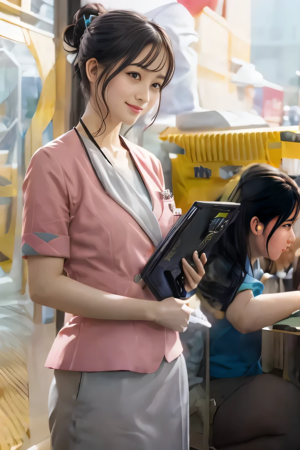 (masterpiece:1.2, highest quality:1.2), 32K HDR, High resolution, (alone、1 girl)、（On the rooftop of a building in the daytime、Professional Lighting）、Building rooftop background、（Nankai train crew uniform pinkを着たリアルスタイル）、（Nankai train crew uniform pink short sleeve pink jacket、Nankai Train Crew Uniform Pink Collarless Short Sleeve Blouse、Nankai Train crew uniform pinkのグレー色のキュロットスカート）、Dark brown hair、（Hair tied up、Hair Bun、Hair Bun）、Dark brown hair、Long Shot、Big Breasts、Thin legs、（（Great hands：2.0）），（（Harmonious body proportions：1.5）），（（Normal limbs：2.0）），（（Normal finger：2.0）），（（Delicate eyes：2.0）），（（Normal eyes：2.0））)、smile、（Nankai Train crew uniform pinkのグレー色のキュロットスカートを見せた美しい立ち姿）、Put your hands down、I have nothing in my hands