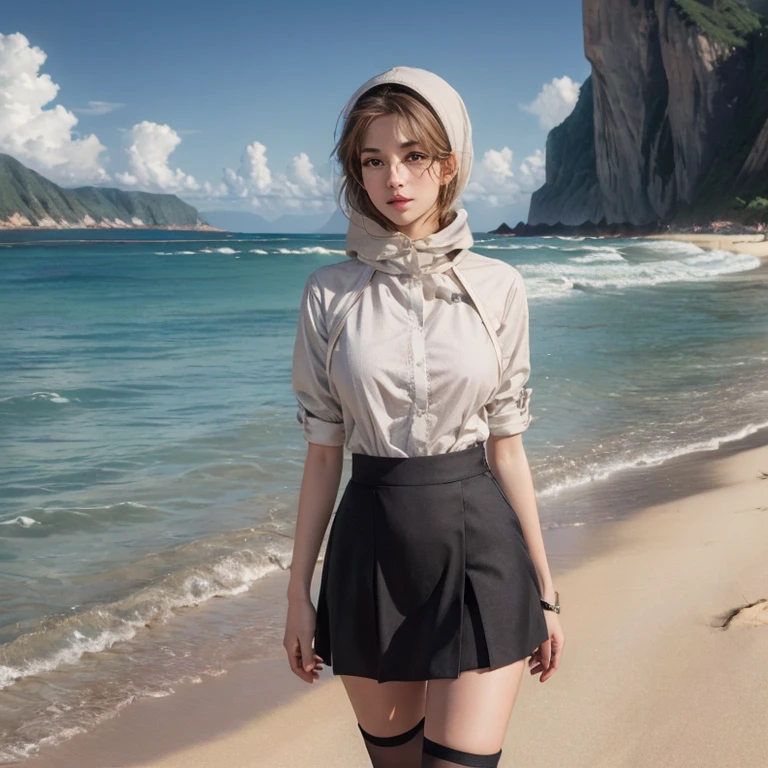 ((masterpiece)), ((best quality)), ((highres)), ((extremely detailed CG unity 8k wallpaper)), solo, hijab, glasses, tachibana kanade, tan , black skirt, white socks, outdoors, face, curtained hair, beach, parted hair, silver hair