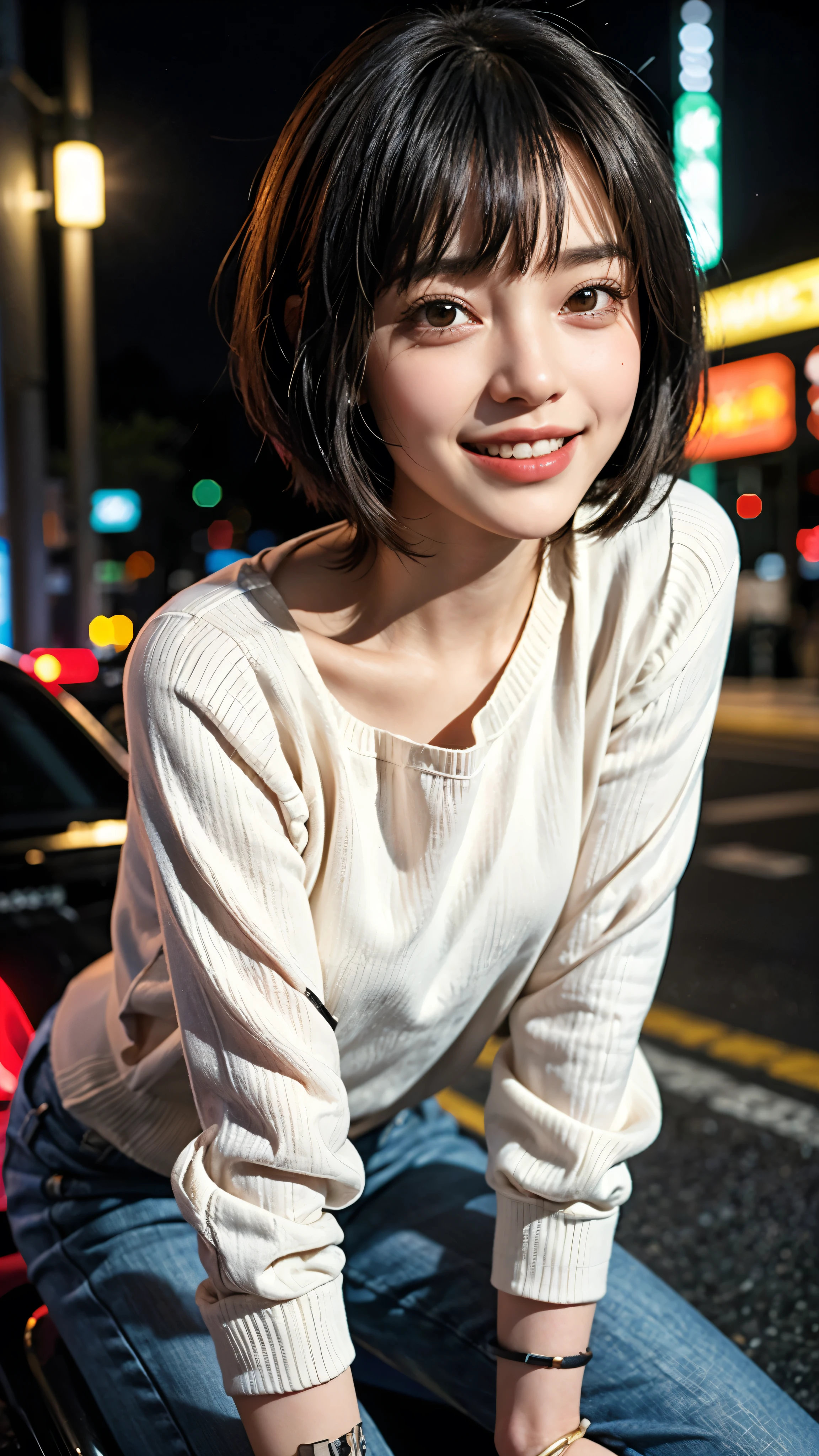 cute 26 year old,1 girl,slim face ,8K,Super realistic image quality,dynamic shadow,sparkling eyes,clear black eyes,movie theater lighting,dark back alley,night,Darkness of the city,suit, ((A smile showing white teeth)),((Open mouth and smile happily)),((short hair)),((very short bangs)),close, 8K, Raw photo, highest quality, masterpiece,realistic, photo-realistic,
Downtown New York、taxi、Sexy white sweater