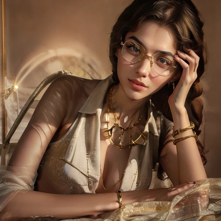 A high school glasses Iranian 17 years old girl model, white skin, sharp nose, thin lips, circle face, tight bra, wearing hijab, golden indian bangle and bracelet, golden necklace, golden swiss polo watch, kissing a man, squinting eyes, detailed horny face