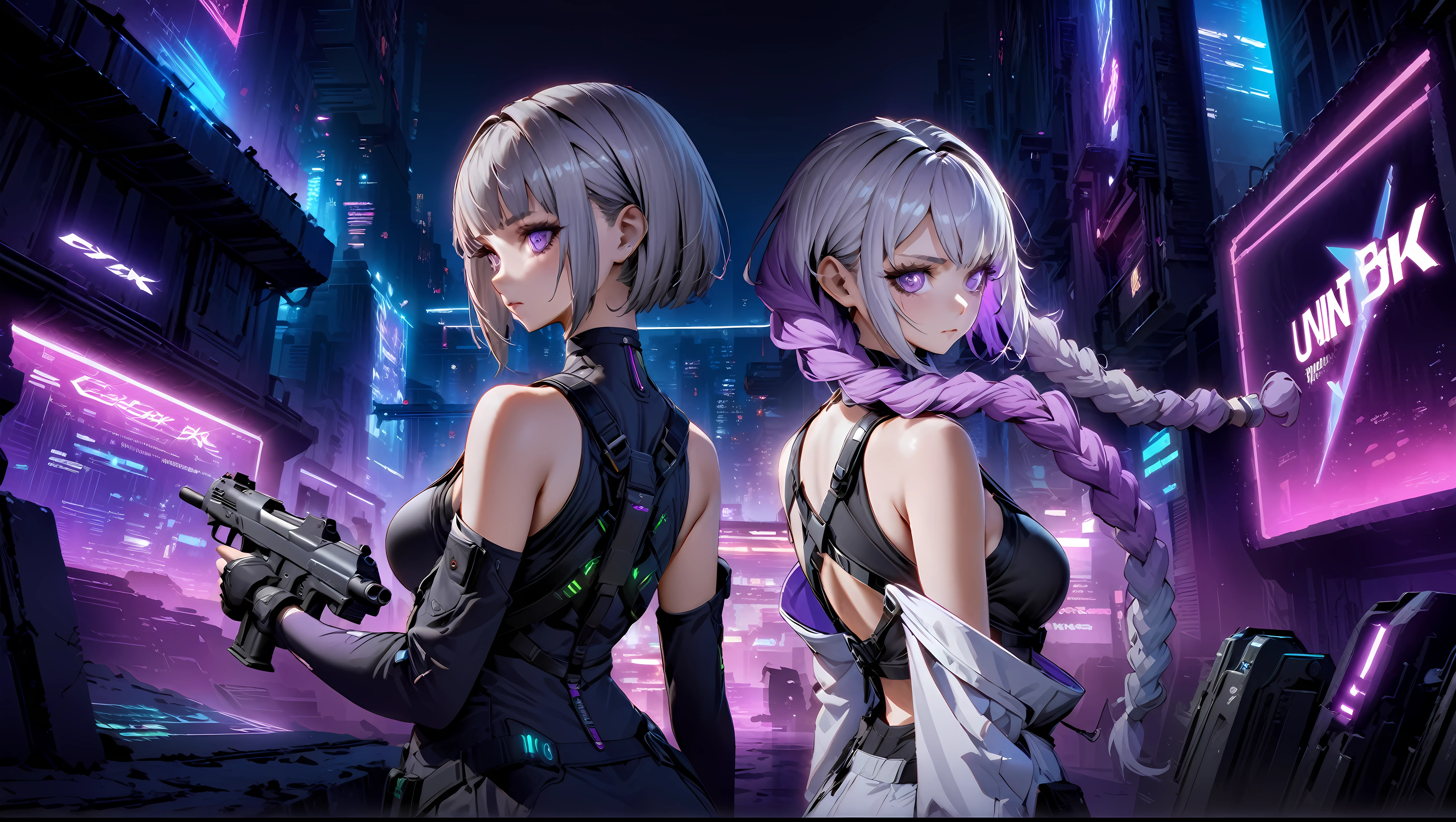 (((Official Art, Unity 8k wallpaper, super detailed, beautiful, beautiful, masterpiece, best quality))), 2 girls standing back to back, (One of the girls had Short silver hair, black top, Neon Art, cyber punk, arms, Pistol, Rocket Launcher, missile), (The other girl had long purple and white gradation double ponytail twists, bare shoulders, white corset,)，(purple and white gradation color hair:1.1), background is a cyberpunk city