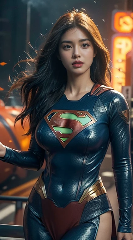 Masterpiece in the making: A superheroic single figure, donning a photo-realistic supergirl suit adorned with the iconic superman logo, stands in a full shot against the backdrop of a night planetscape. Her short,a close up of a woman with a long wavy fiery hair blowing in the wind, woman made of blue flames, her body made of flames, amazing digital art,flames surround her, alena aemani digital art, intricate overlay flames imagery, smoke effects, fire and smoke, stunning digital art, digital art picture, airbrush digital art,mono tone, big breasts , underboobs, framing her highly detailed face with expressive features. The ultra-high resolution image captures every line, texture, and curve of her slim body.

Beneath her, the dark scene unfolds as rain pelts down, creating a cyberpunk atmosphere with its neon-lit alleys and misty streets. The light from the neon signs illuminates her figure, adding depth and contrast to the dark scene.