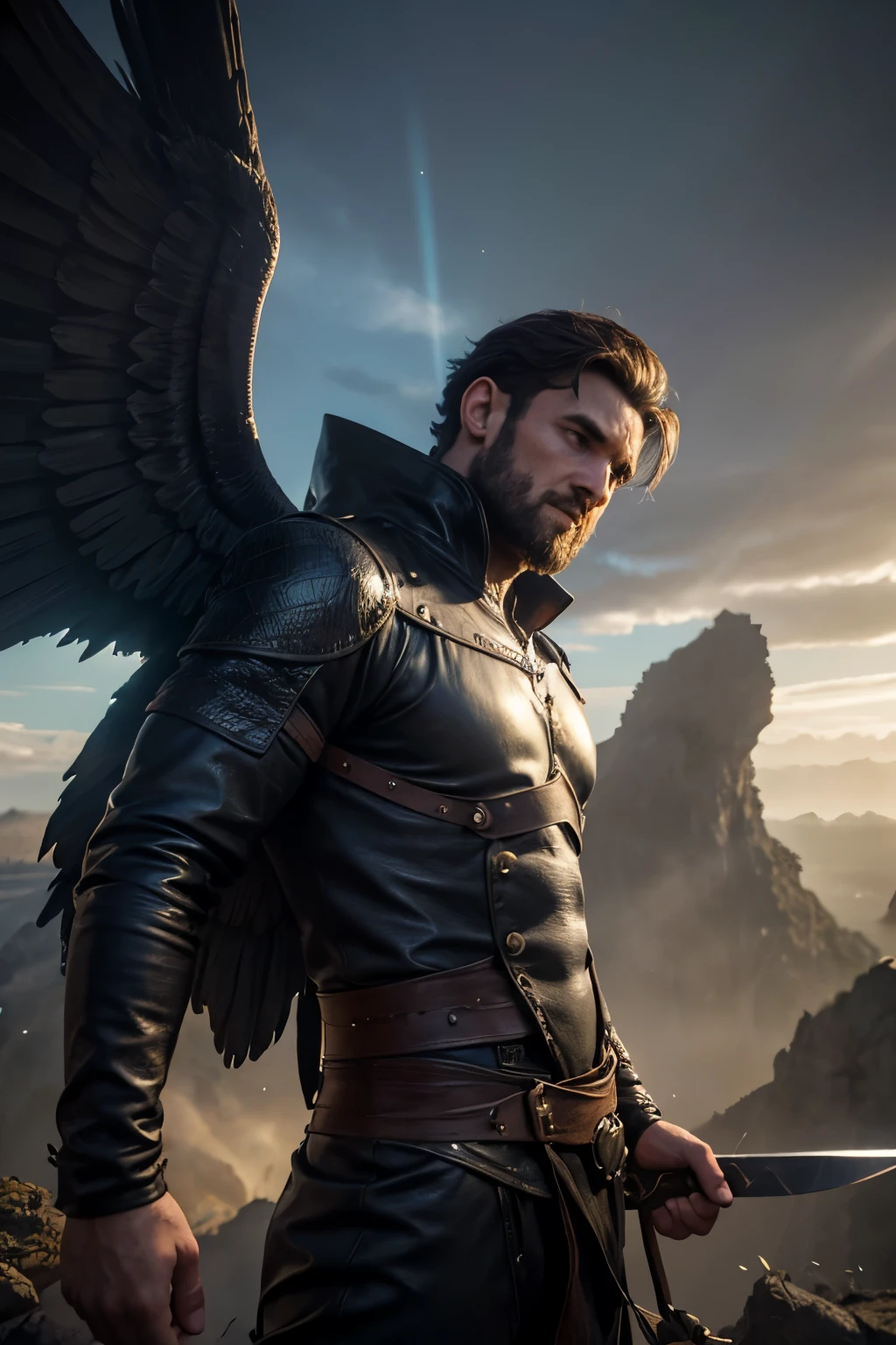 (Professional 3D rendering:1.3) de (Realistic:1.3) Foto de arte mais bonita do mundo，Painting of a man with wings and a sword in the sky, anjo brigando com humanos, FALLEN ANGEL, O Anjo da Morte, anjo da morte, angel watching demon, anjo protegendo o homem, humano alado, the angel of death with a halo, huge wings growing out of arms, wings growing out of arms, Anjo com asas pretas, anjo escuro, fantastic location, majestoso ambiente desordenado)), corpo inteiro 8k unidade render, action shot, poros da pele, very dark lighting, sombreamento pesado, circunstanciado, Rosto detalhado, (vibrante, fotogrdeia realista, Realistic, Dramatic, Escuro, sharp focus, 8k), (Old leather clothes damaged by bad weather:1.4), ((((Use peles)))), (intrincado:1.4), decadente, (altamente detalhado:1.4), pintura digital, rendering by octane, art stations, Conceito-Arte, liso, sharp focus, illustration, germe da arte, (Loish:0.23), Wlop Ilya Kuvshinov, e Greg Rutkowski e Alphonse Mucha Gracias, (global ilumination, studiolight, Light Volumetric), chuva forte, floating particles, patife, fantasia, Onze, corpo inteiroesbian, ((Fundo escuro e antigo:1.3)),CGSesociedade,art stations