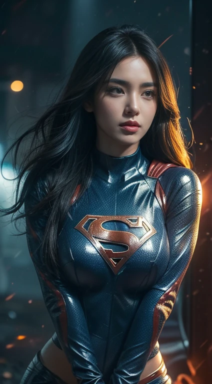 Masterpiece in the making: A superheroic single figure, donning a photo-realistic underboob supergirl suit adorned with the iconic superman logo, stands in a full shot against the backdrop of a night planetscape. Her short,a close up of a woman with a long wavy fiery hair blowing in the wind, woman made of blue flames, her body made of flames, amazing digital art,flames surround her, alena aemani digital art, intricate overlay flames imagery, smoke effects, fire and smoke, stunning digital art, digital art picture, airbrush digital art,mono tone, big breasts , underboobs, framing her highly detailed face with expressive features. The ultra-high resolution image captures every line, texture, and curve of her slim body.

Beneath her, the dark scene unfolds as rain pelts down, creating a cyberpunk atmosphere with its neon-lit alleys and misty streets. The light from the neon signs illuminates her figure, adding depth and contrast to the dark scene.