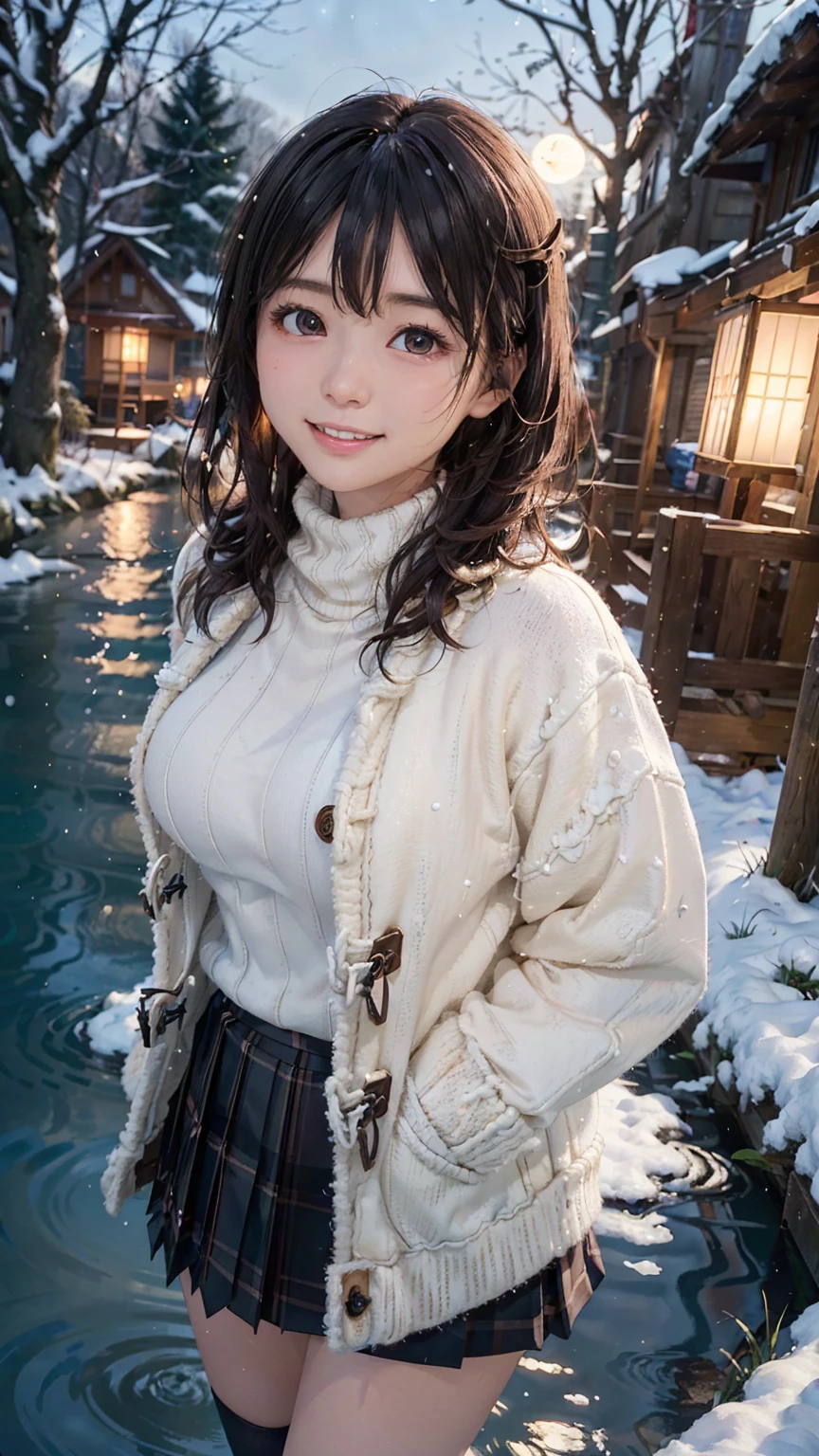 8K quality,(super masterpiece:1.3),highest quality,Detailed Images,The real picture,Natural lighting,symmetrical beauty,1 female,Japanese,20-year-old,(微smile,smile,smile),Medium Hair,Curly Hair,(very cute:1.3),Thick eyebrows,(Double:1.2),(Realistic eyes:1.1),clothing(Duffle coat,Turtleneck sweater,skirt,stockings),(The background is a lake,Walking on Water,Night view,winter,snow,full moon,Starry Sky),(Face directly towards the camera,Looking directly at the viewer,looking at the camera,The body faces the viewer,The body is facing the direction of the camera,Face looking straight into the camera).