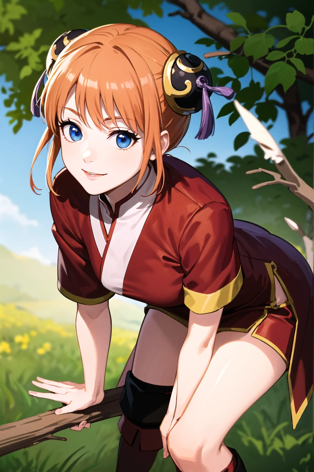 Gintama, Kagura, Orange hair, red dress, double bun, bun cover, china dress, chinese clothes, knee boots, short sleeves, small breasts, Blue eyes, tree, (in_tree), on branch, v,, (masterpiece:1.3), (best_quality:1.3), (ultra_detailed:1.3), 8k, extremely_clear,, 1girl, solo,, outdoors,, insane details, intricate details, hyperdetailed, ultra detailed, extreme detailed, highest detailed, high_detail, colorful, beautiful, hdr, photorealistic, highres, ultra_high_res, photography, aesthetic, extremely_delicate,, seductive_smile,