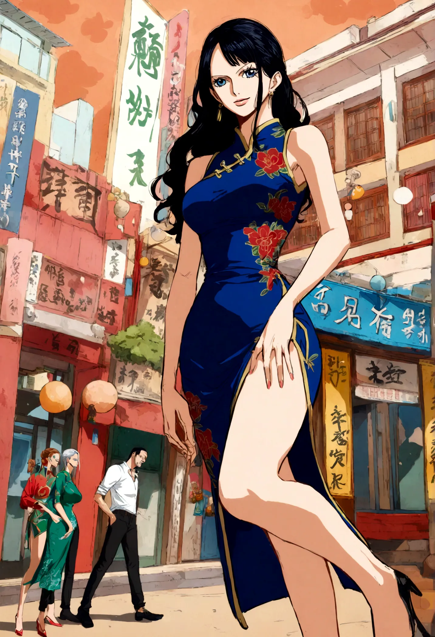 one piece, nico robin, modern style, cheongsam, fashion elements,  urban background,