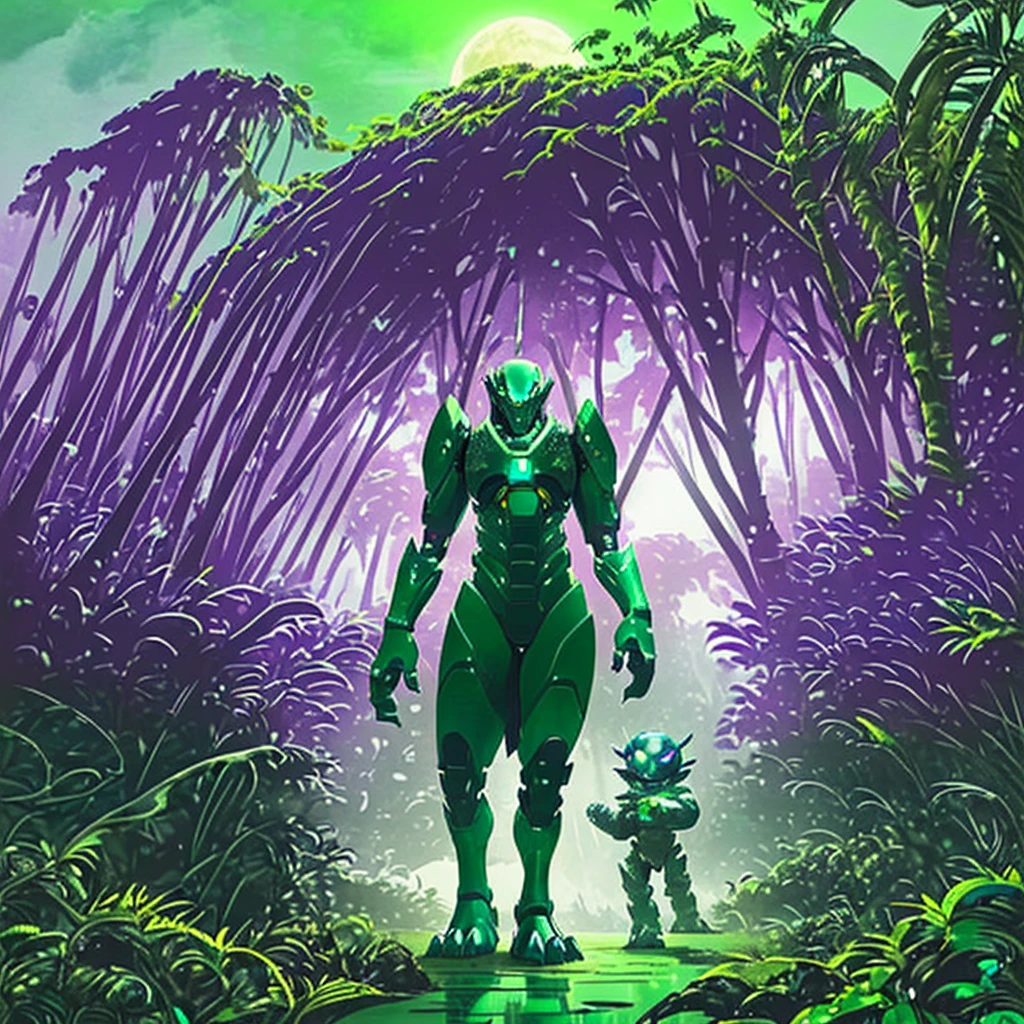 Several robot dinosaurs are going about their business in a robotic tropical rain forest. Hight tech primal world. Alien sky green with 2 suns. Purple landscape