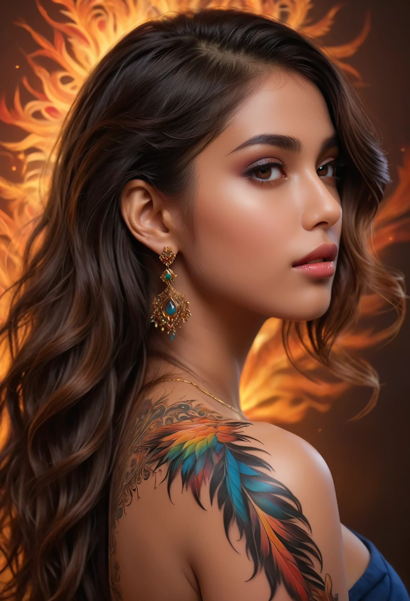 (melhor qualidade,4K,8K,alta resolução,Obra de arte:1.2),ultra-detalhado,(Ultra-realistic, fotorrealista,fotorrealista:1.37), de trás, uma linda jovem árabe com uma tatuagem de fênix complexa e colorida nas costas, 18 anos, beleza maravilhosa, intricate detalhado fractal tattoo, realistic detalhado colorful tattoo, highly detalhado body art, delicado retrato feminino, pele perfeita, pele escura, Olhos penetrantes, características faciais elegantes, cabelo solto, pose dinâmica, sombras dramáticas, cores vibrantes, arte de fantasia, pintura digital, arte conceitual, hiper-realista, 8K, melhor qualidade, ela de costas para o espectador, delicada tatuagem fractal nas costas nuas, Fotografia profissional, alta qualidade, detalhado, fotorrealista, iluminação natural suave, paleta de cores quentes, atmosfera serena, detalhes intrincados da tatuagem, pose graciosa,