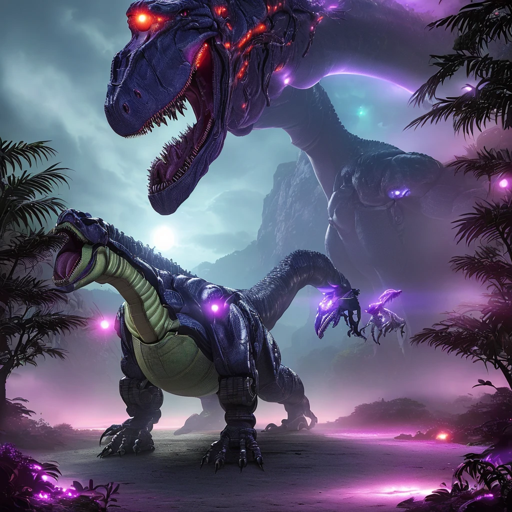 a highly advanced robotic dinosaur, robotic tropical rainforest, alien sky with two suns, purple landscape, advanced technology, futuristic, cinematic lighting, 8k, high resolution, photorealistic, detailed machinery, glowing circuits, metallic textures, dynamic composition, dramatic poses, cinematic angle
