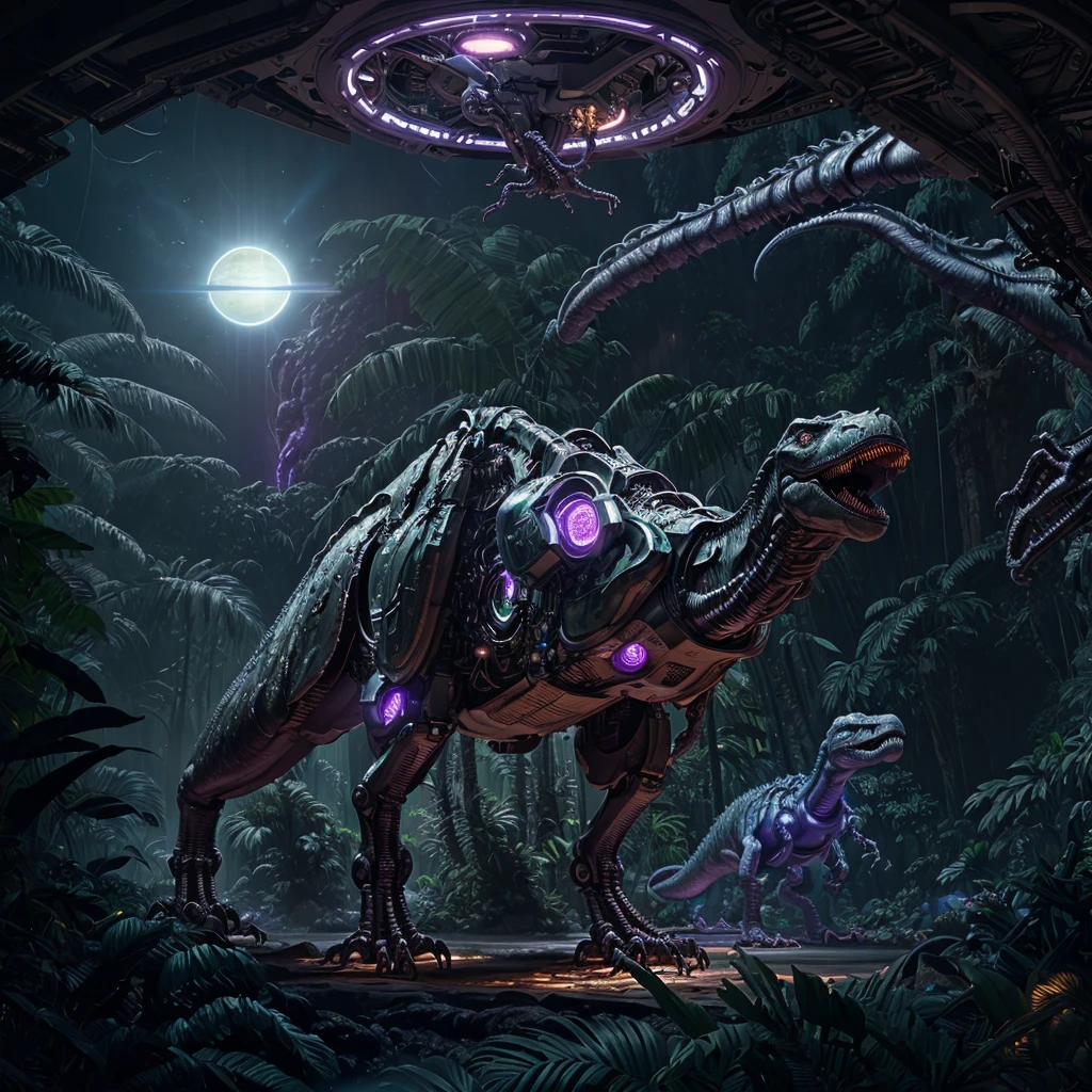 a highly advanced robotic dinosaur, robotic tropical rainforest, alien sky with two suns, purple landscape, advanced technology, futuristic, cinematic lighting, 8k, high resolution, photorealistic, detailed machinery, glowing circuits, metallic textures, dynamic composition, dramatic poses, cinematic angle
