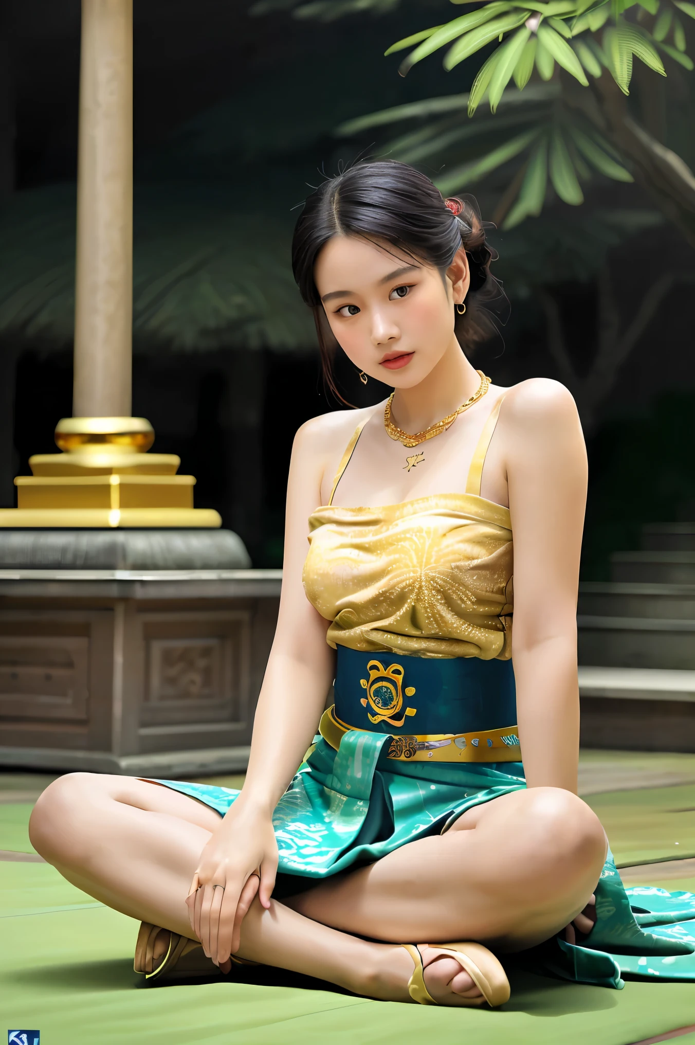 make a super realistic photo. 25 year old Indonesian Javanese woman, round face, beautiful, elegant. Long straight hair, in a small bun on top of her head, wearing a red silk tank top, plump chest, wearing a gold necklace, like a Javanese royal queen. Cloth belt white batik with complicated motifs, wearing a white batik sarong, very complicated black motifs, wearing black rubber sandals. Sit cross-legged, meditate, the body floats, the body emits an aura of 3 colors, blue, gold, blue. Forest and temple background. Beautiful and green. Body aura radiates everywhere. Ultra-HD. HD. hyperrealistic. 65K